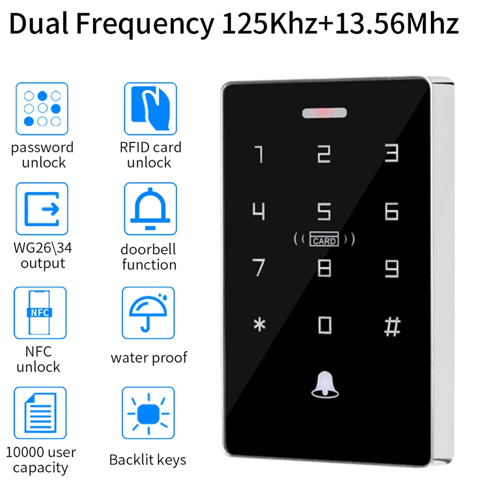 Touch Screen Backlight RFID Keypad Standalone Access Control 1000 User Wiegand Output 125KHz+13.56MHZ  IP67 Waterproof