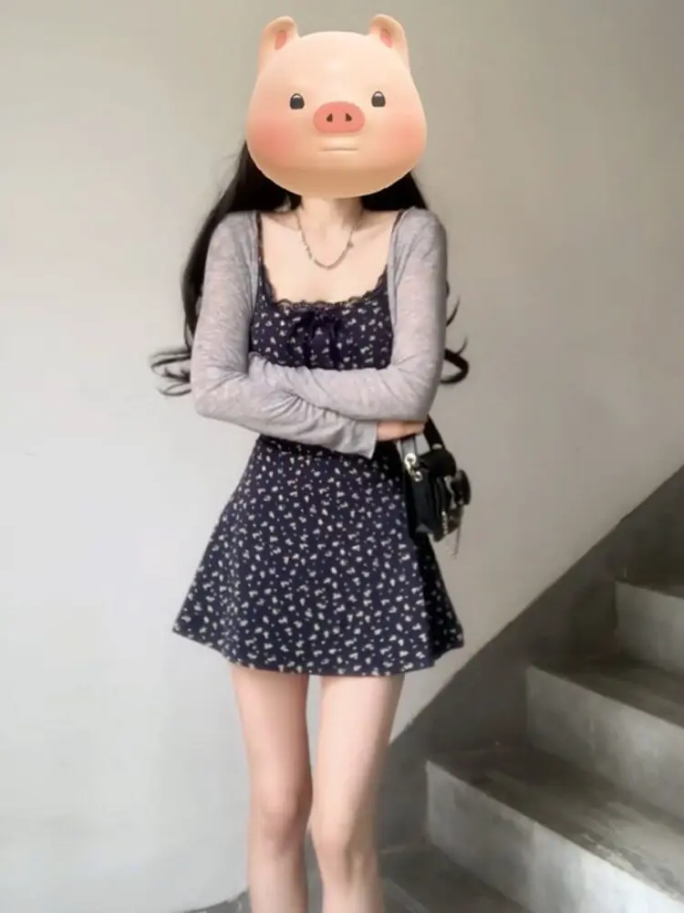 

Ретро-платье с цветочным принтом и завязками на шее, приталенное, стройнящее, с короткой юбкой А-силуэта, серый открытый кардиган, комплект для создания соблазнительного образа