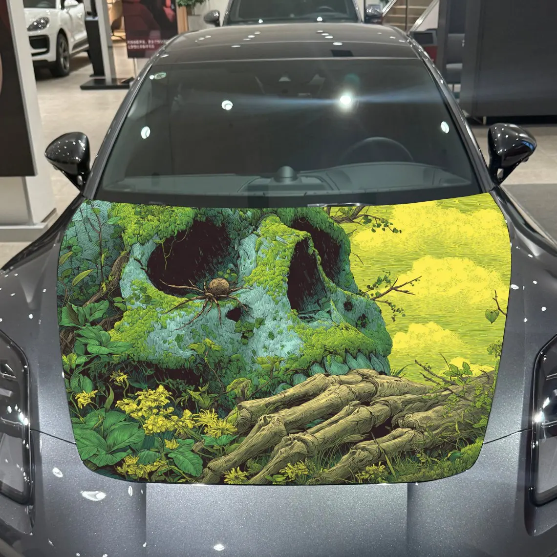 Green Plant Skull Car Hood Sticker, PVC Waterproof Self-adhesive Scratch Resistant Hood Sticker, Suitable For All Car Decoration