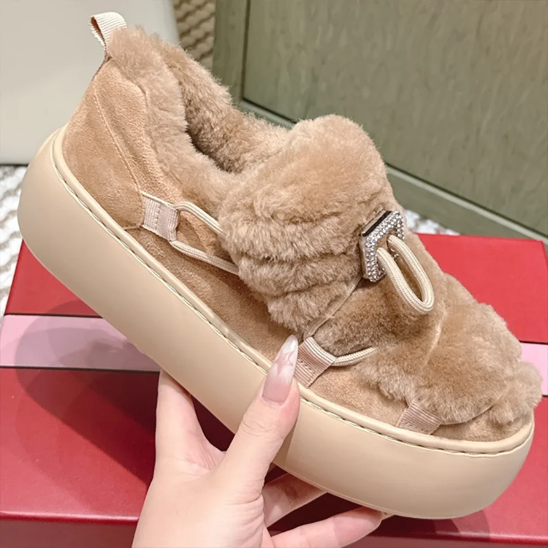 Zapatos de lana con plataforma informales para mujer, nuevo estilo de invierno, alta calidad, 2025, con materiales de cuero y felpa cosidos, 25091316
