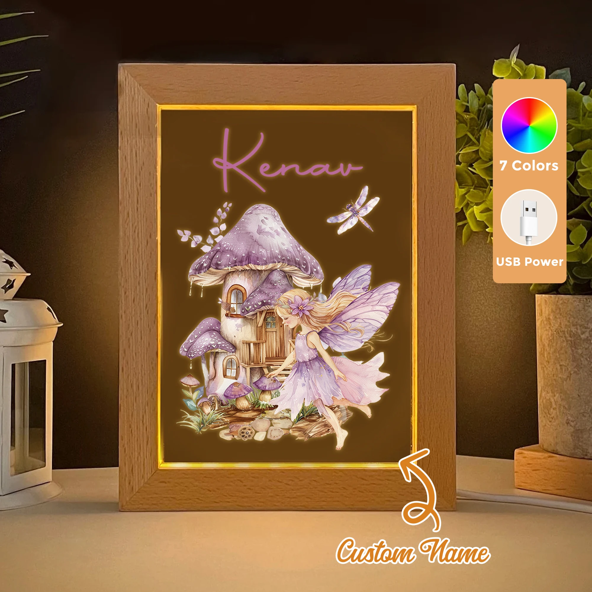 

2D Flat Custom Name Purple Fairy LED Acrylic Night Light Wood Photo Frame 21x17cm Cartoon Children Bedroom Gifts Home Decor