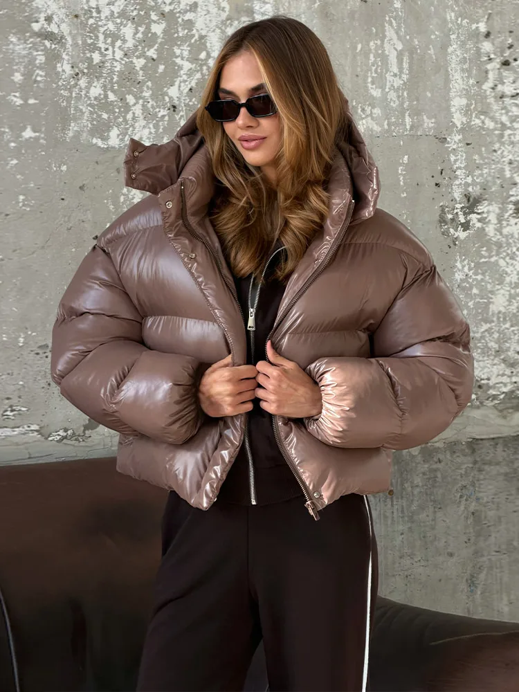Women's Glossy Shiny Hooded Zip Cropped Puffer Jacket Oversized Loose Fit Long Sleeve Elastic Cuff Padded Warm Casual Winter Top 1