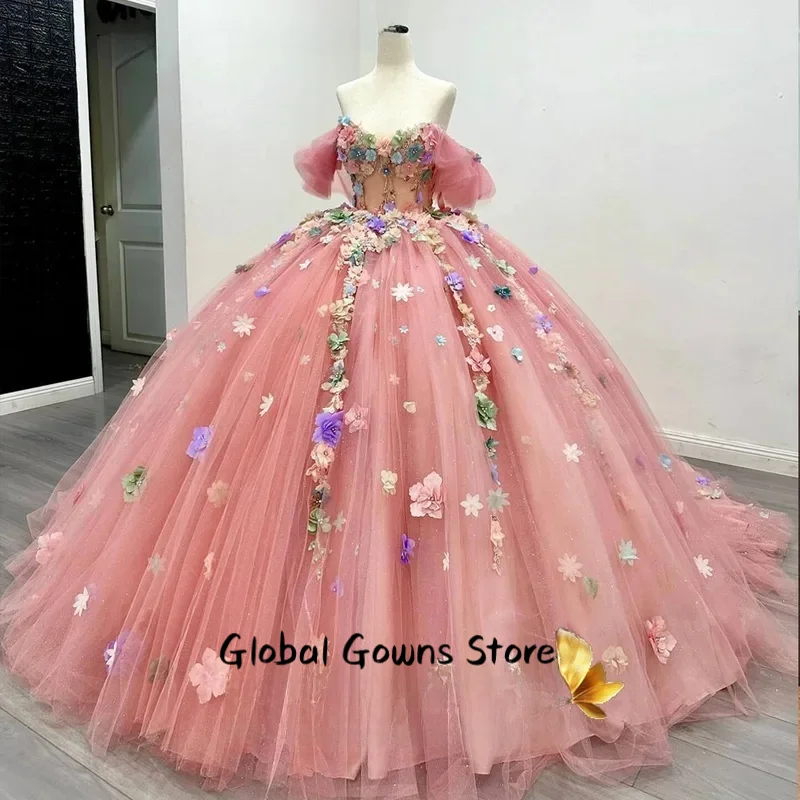 

Pink Ball Gown Quinceanera Dresses 15 Ans Tulle 3D flowers Corset Lace Appliques Floor Length Vestidos De Customized