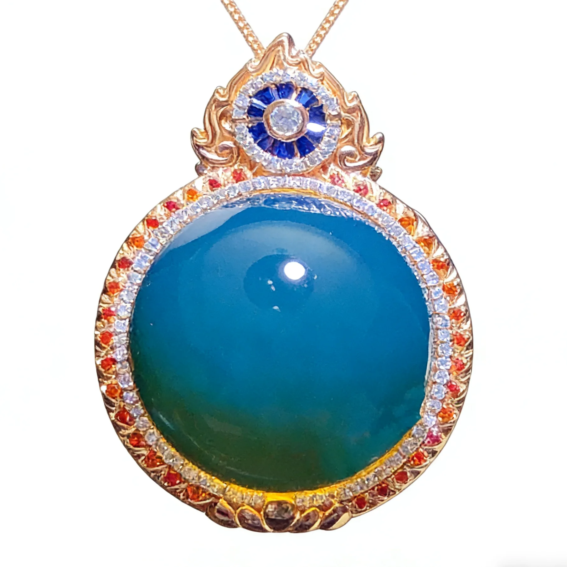 Handmade Floral Carving Silver Pendant with 23mm Mexican Blue Amber, Vintage Adjustable Luxury Necklace