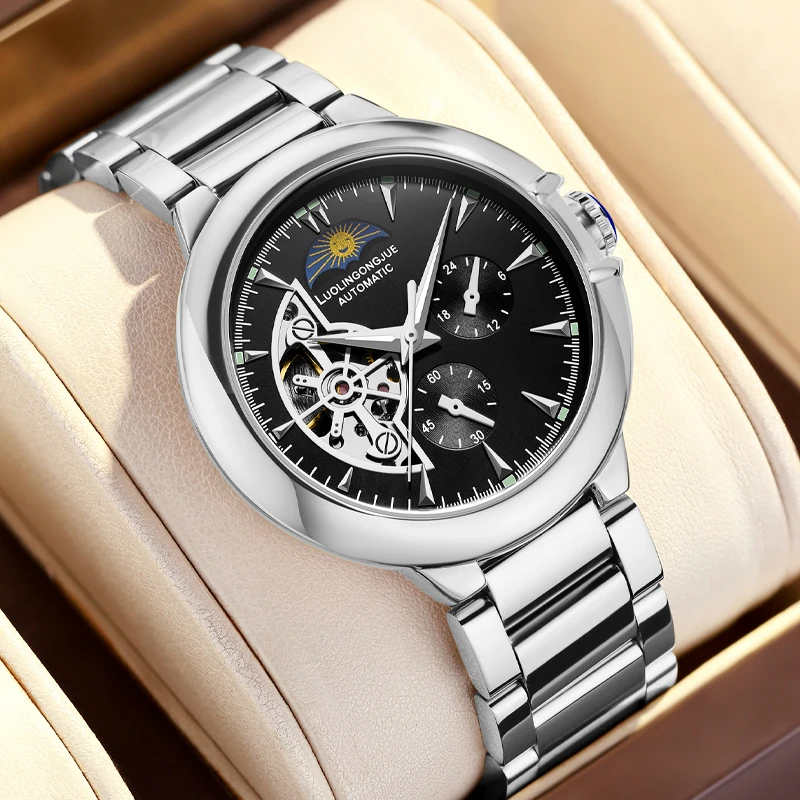 European and American Style High-End Luxury Men's Automatic Mechanical Watch - Double-Sided Skeleton Design, Half-Moon Skeleton Dial, Elegant Retro Style, Suitable for Business and Casual Wear - Business Accessory, Exquisite Craftsmanship, Perfect Gift Without Batteries