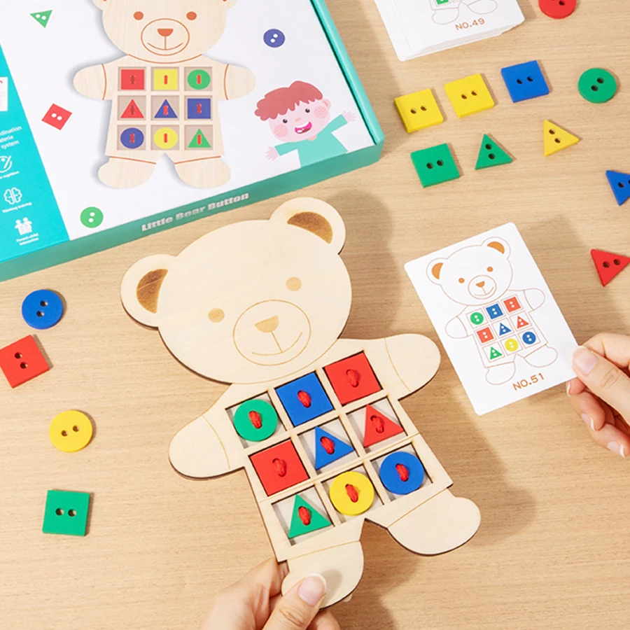 Juguete de oso con cordones de madera con tarjetas de patrón, juguete de aprendizaje de costura, clasificación de colores, juguete de matemáticas Montessori, regalos de juego para niños pequeños