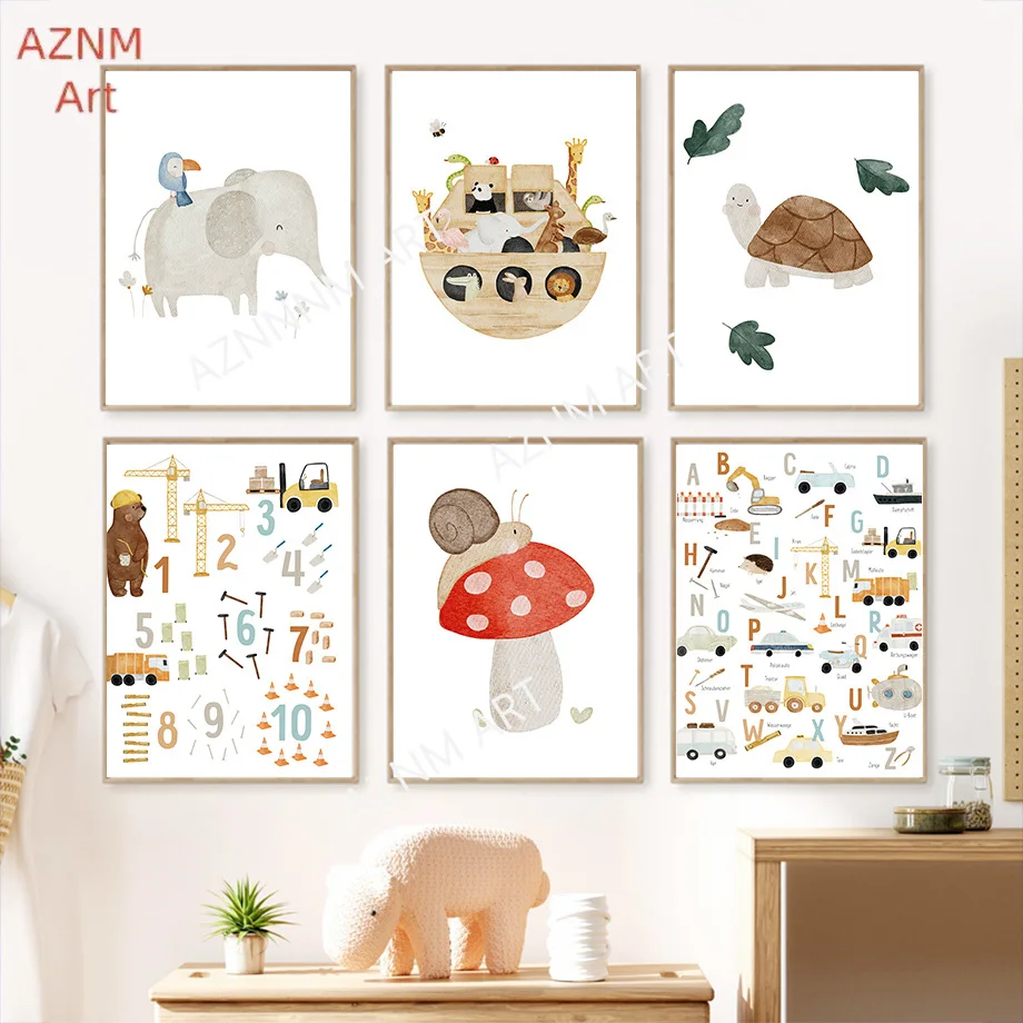 1/6 Stück Boho Cartoon Bär Schildkröte Elefant Hirsch Schnecke Poster Minimalistischer Druck Leinwand Malerei Wandkunst für Wohnzimmer Home Decor