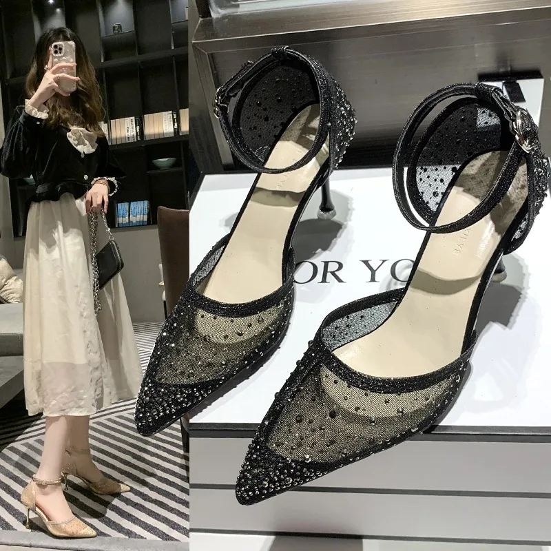

Elegant Women's High Heels 2024 Summer New Style Rhinestone Mesh Surface Pointed Toe Thin Heel Single Shoe Rubber Material