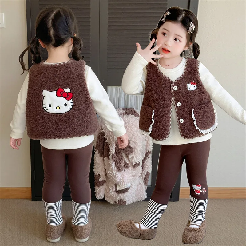 

Girl Hello Kitty Warm Vest Pant Set Cartoon Kawaii Autumn Winter New Anime Children's Sanrio Cotton Vest Sweater Three Piece Set