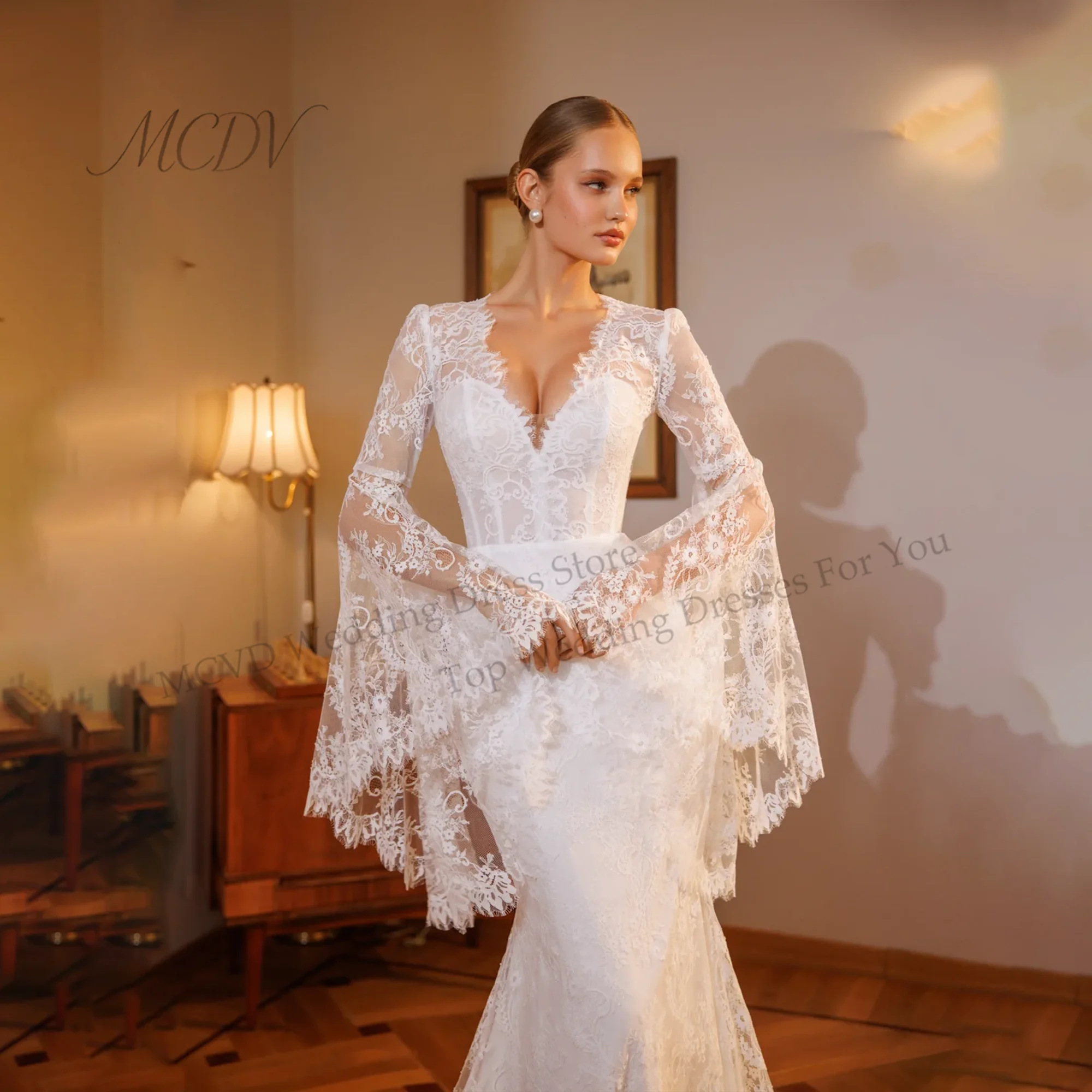 Ivory Lace Bridal Dress Deep V Neck Flared Long Sleeves Mermaid Wedding Gown With Lace Train свадебное платье бохо Customized