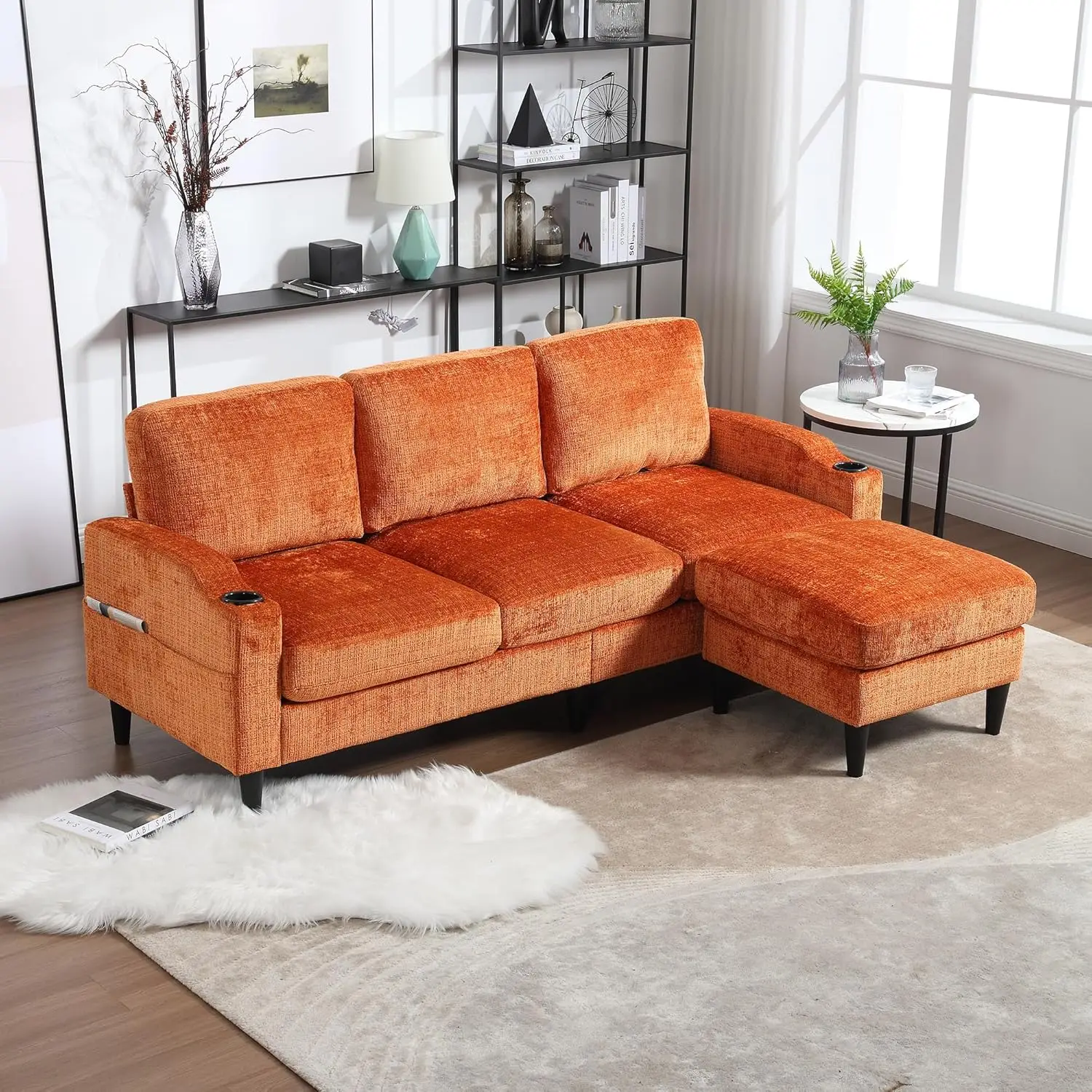 Sectional Sofa, 3 Seat L Shaped Sofa with Removable Pillows, Compact Spaces w/Reversible Ottoman Bench, Upholstered Sectional Co