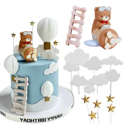 Pilot Bear Cake Toppers Bears Fly The Plane With Clouds Stars Ladder for Kids Happy Birthday Cake Decoration Baby Shower