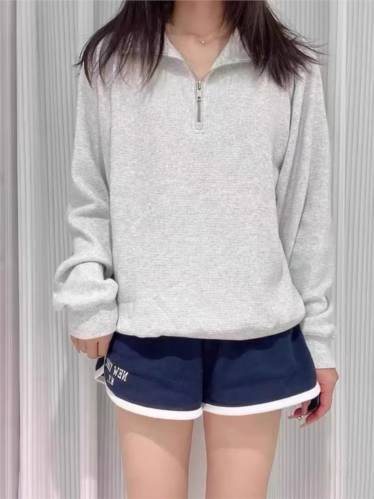 Simple Gray Waffle Half Zip-up Sweatshirts Women Autumn New Casual Cotton Long Sleeve Hoodies Streetwear Sweet Pullover Tops Y2K
