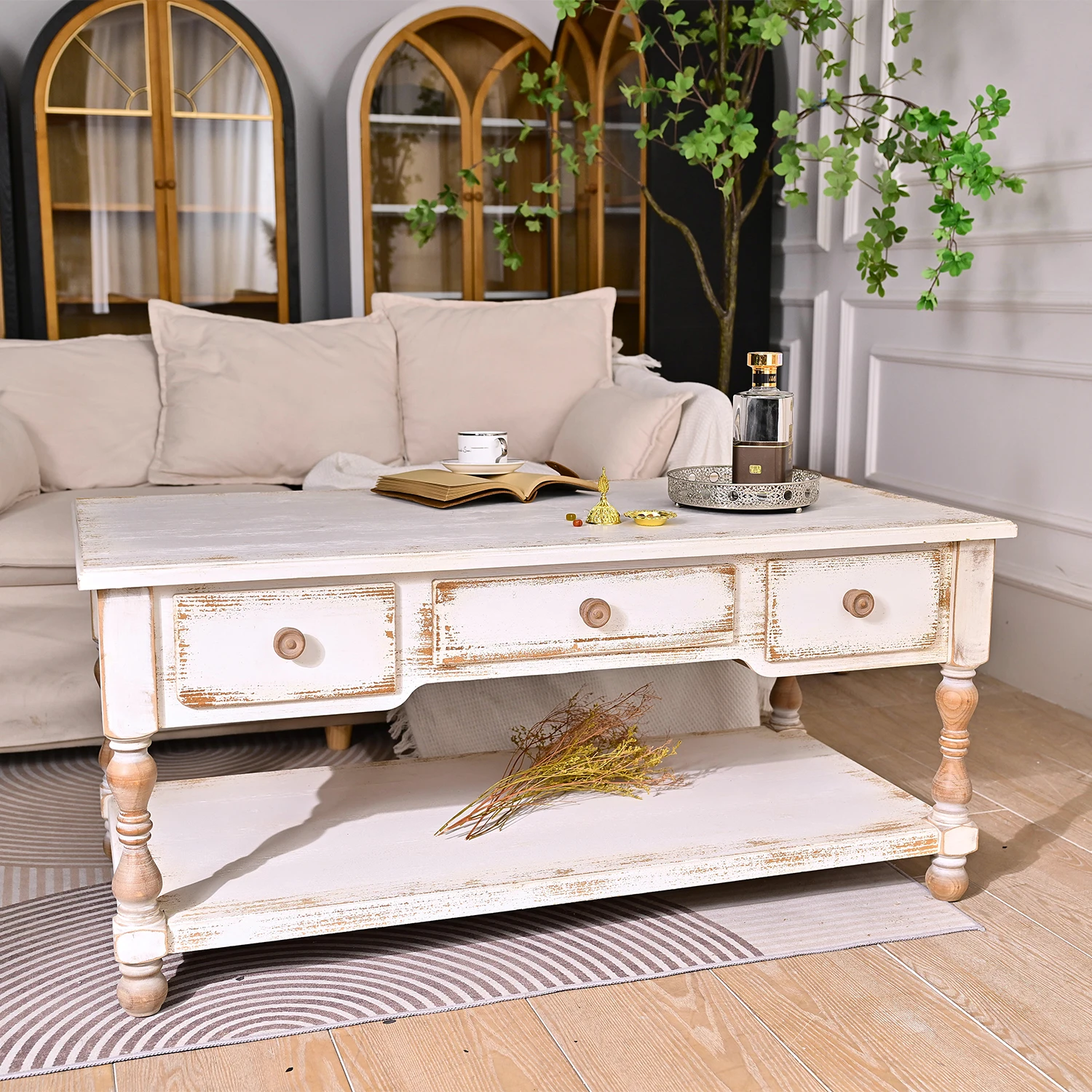 

Modern Rustic Design Solid Wooden Tea Table with Extendable Feature White Color Coffee Table Drawers Living Room