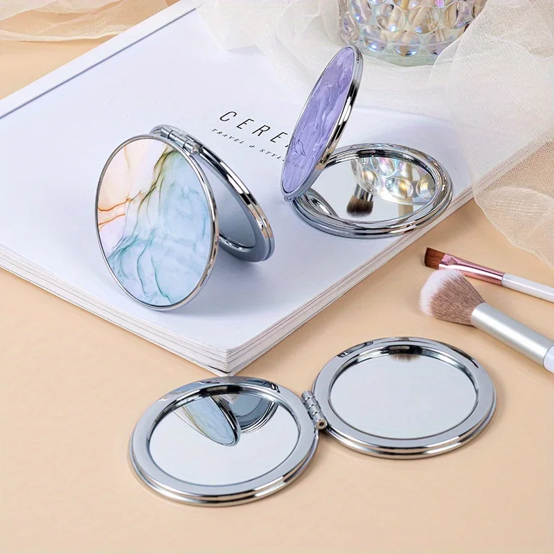 Compact Portable Pocket Mirror Double-Sided Folding round Marbling Cosmic Design for Travel And On-the-Go Touch-ups