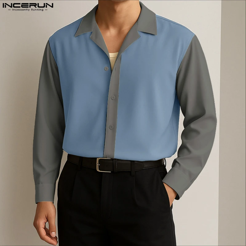 

INCERUN Мужская рубашка в стиле пэчворк с цветными блоками и лацканами с длинным рукавом, свободная мужская одежда, уличная одежда, 2025 г., модные повседневные мужские рубашки, S-5XL