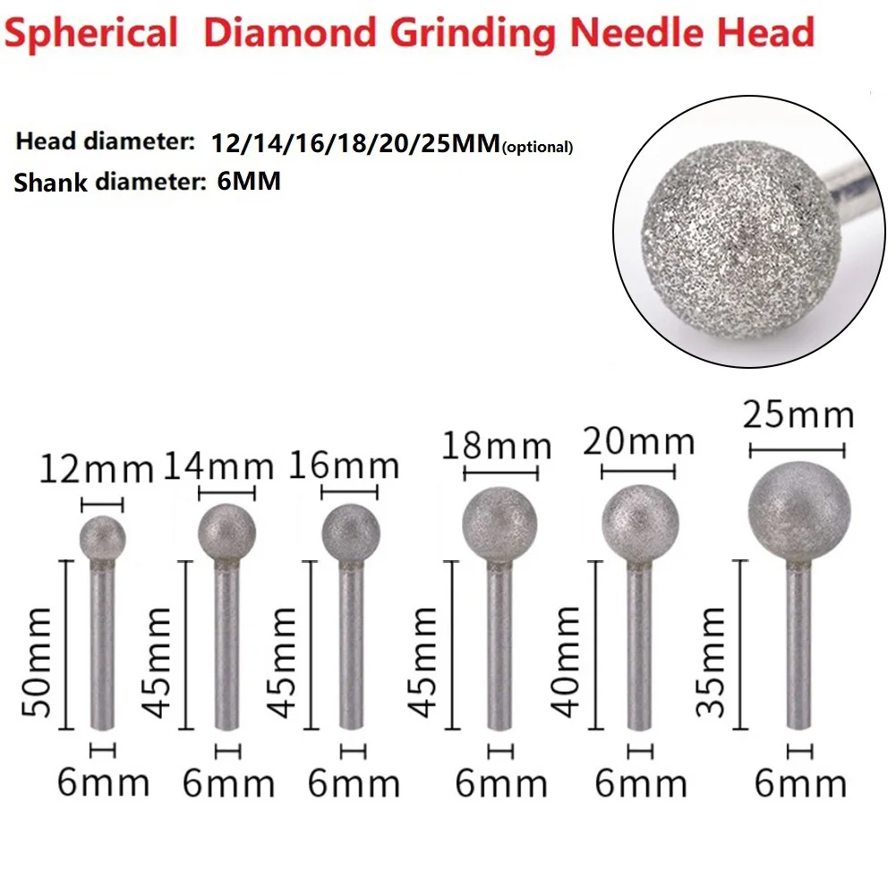 

6Pcs Diamond Round Ball Burr Drill Bits Set For Carving Engraving Drilling 4-25mm Spherical Emery Grinding Heads