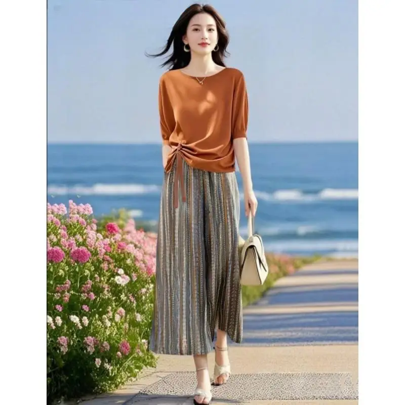 Summer Pant Sets Fashion 2PCS Outfits Women Short Sleeve t-shirt  Trousers Suits Bohemian style Sets