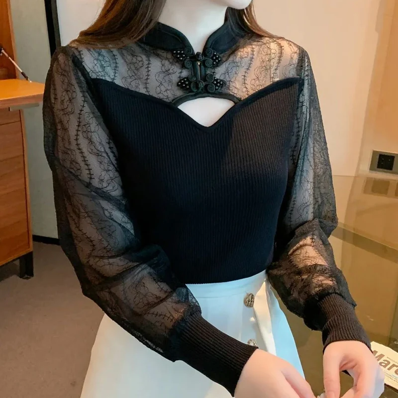 Spring Autumn Round Neck Fashion Long Sleeve Blouse Women Elegant Vintage Lace Patchwork Pullovers Casual Sheer All-match Tops