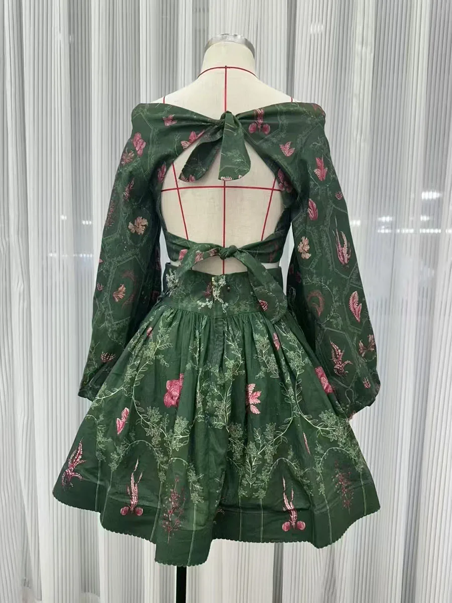 VGH Boho Printing Two Piece Sets for Women Slash Neck Lantern Sleeve Backless Top High Waist Mini Puff Skirt Suits Female New