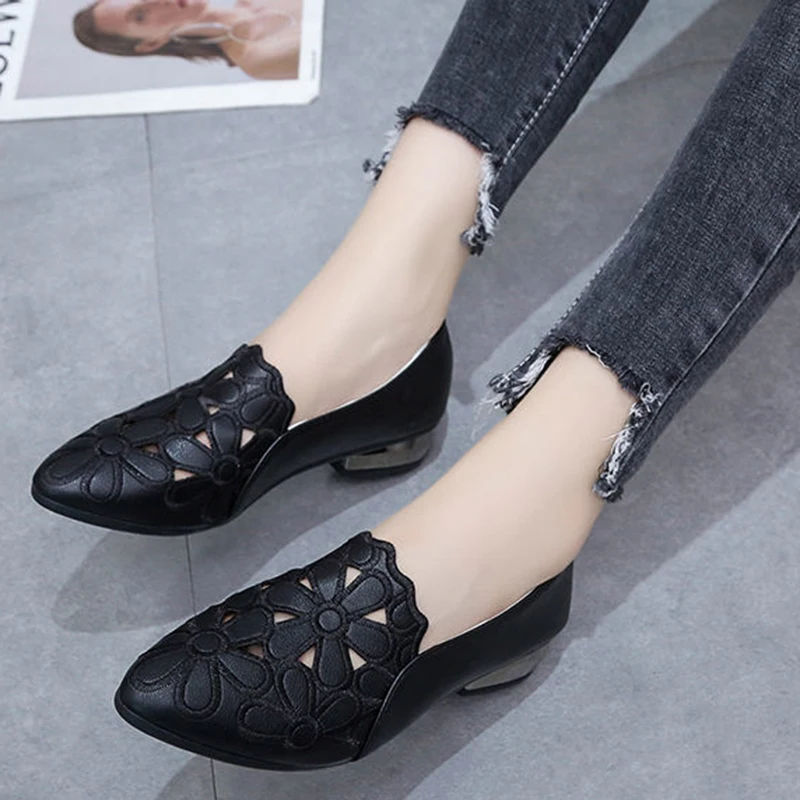 Fashion Shoes for Women Embroidery Breathable Square Heel Loafers Slip On Pointed Toe Leather Single Shoes Elegant Party Pumps