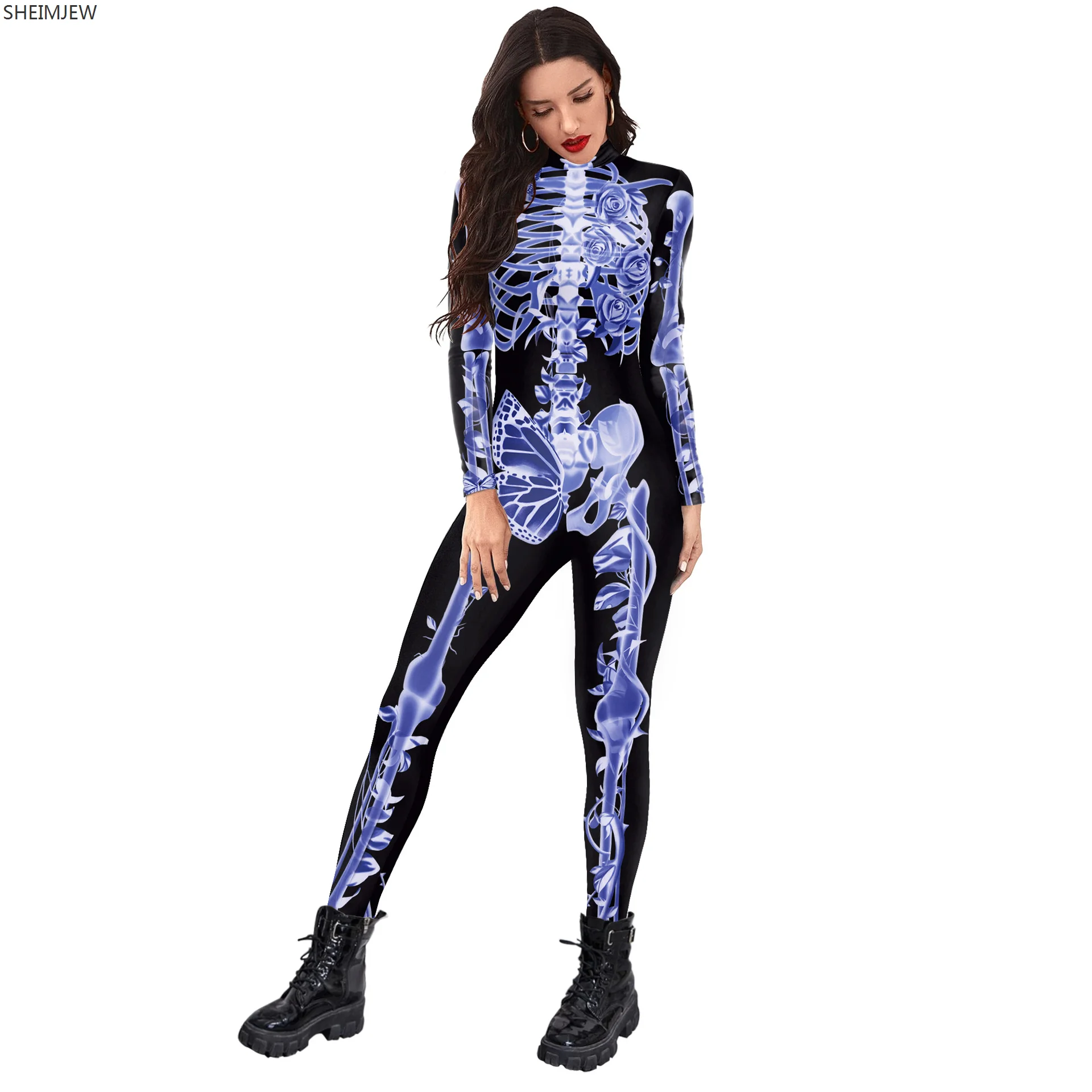 Neue Halloween Skelett Cosplay Overall Skelett Rose 3D-Druck Zentai Anzug Frauen Urlaub Party Bühnenshow Catsuit Rave Outfit