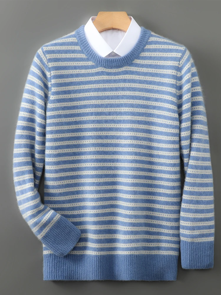 100% Merino Wool Men's Round Neck Casual Fashion Horizontal Stripe Top Autumn Winter Pullover Wool Sweater