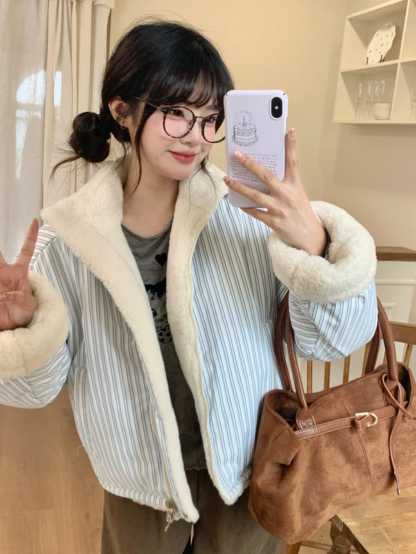 

Американский ретро-пиджак в полоску из двустороннего хлопка с начесом, свободный, теплый, женская верхняя одежда, новинка зимы