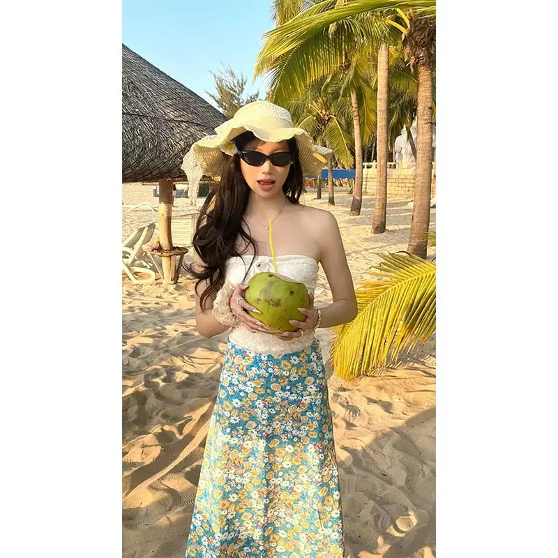 

Весна и лето 2024, морской отдых, плиссированный топ с бантом и бантом, жилет с высокой талией, юбка с цветочным принтом, женский костюм