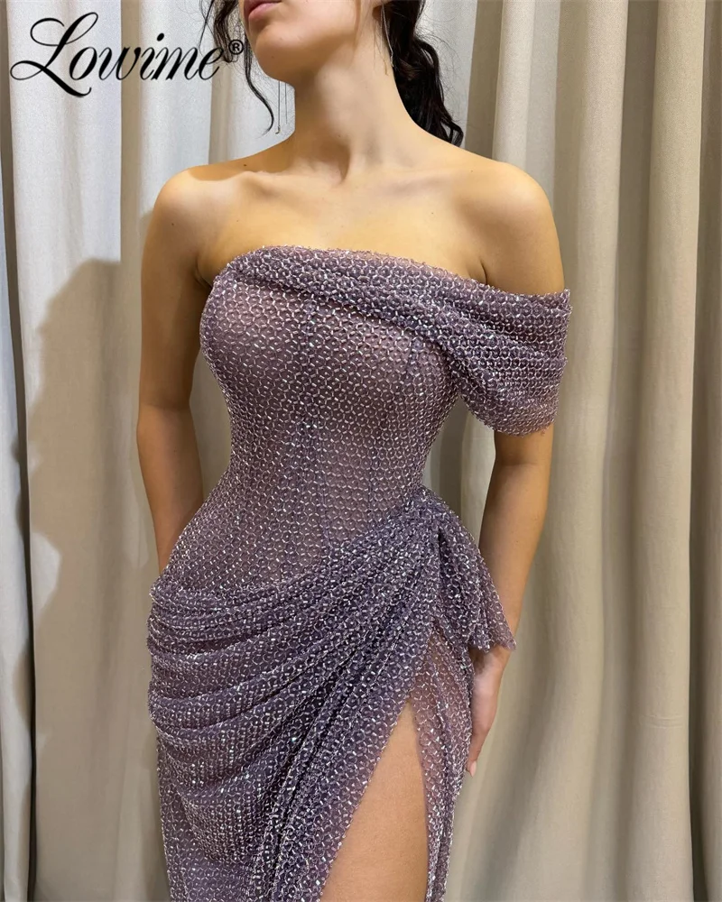 Purple One Shoulder Arabic Sexy Beads Mermaid Prom Dress Long Sequined Lace High Split Side Evening Gowns Party Birthday Dresses