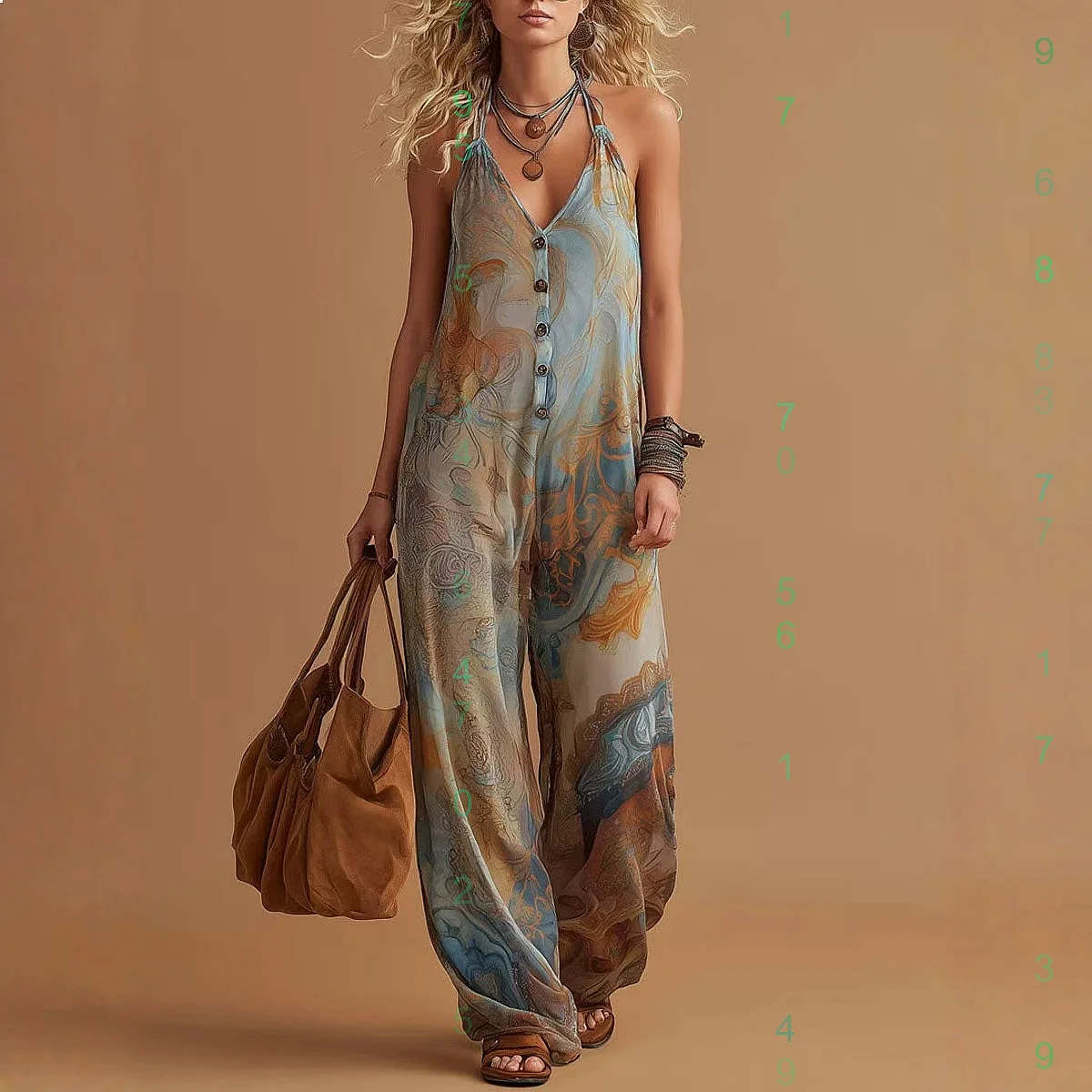 

Retro Print Sleeveless Button Jumpsuit Overall Romper Playsuit Summer Spring Casual