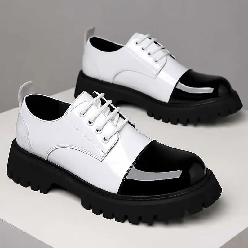 Three Joint Casual Leather Shoes Men's Suit Retro British Style with Thick Sole High Head Shiny Surface White Shoes for Men