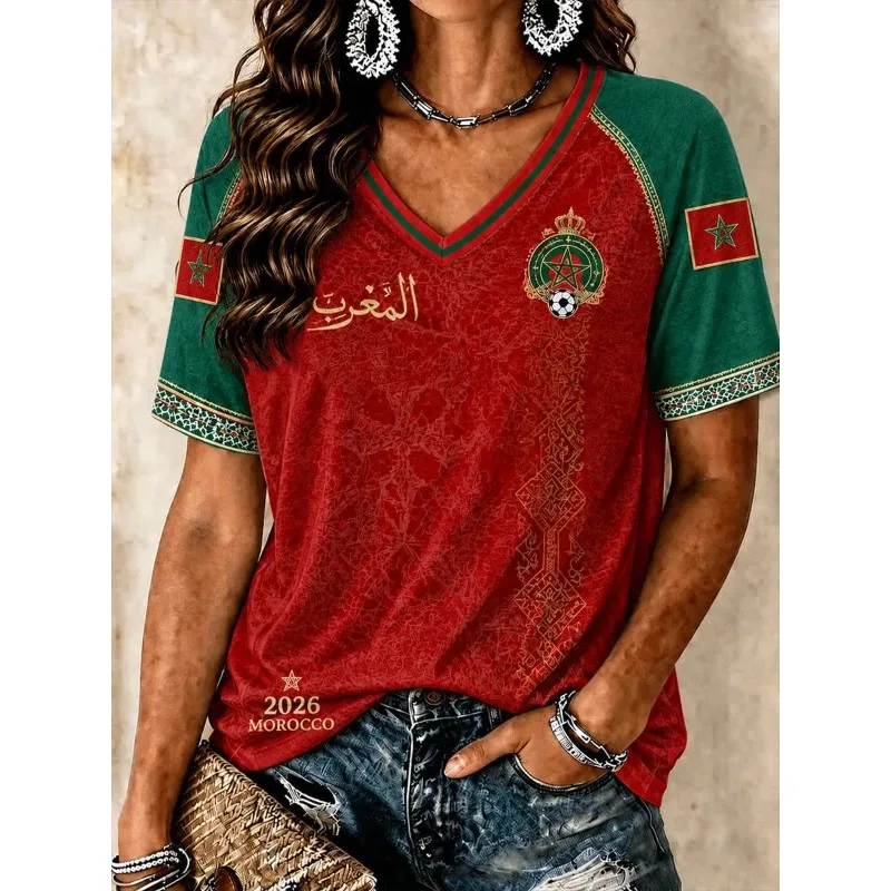 Unisex style 2026 V-Neck Soccer Tee Vintage Star Print Quick Dry Breathable Top Casual Shirt for Game Day & Daily Street Outfits