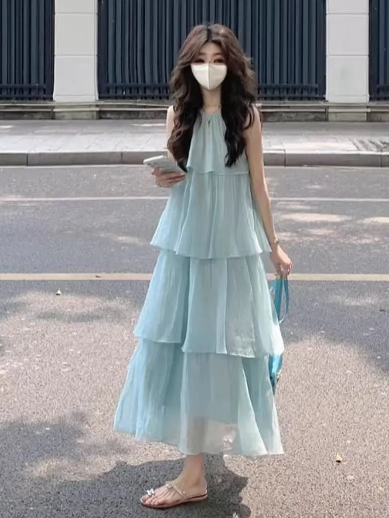 

Spring Summer A-Line Long Dress Vest Dress Slim Fit Loose Design Small Audience College Style Polyester Fiber Casual Dress