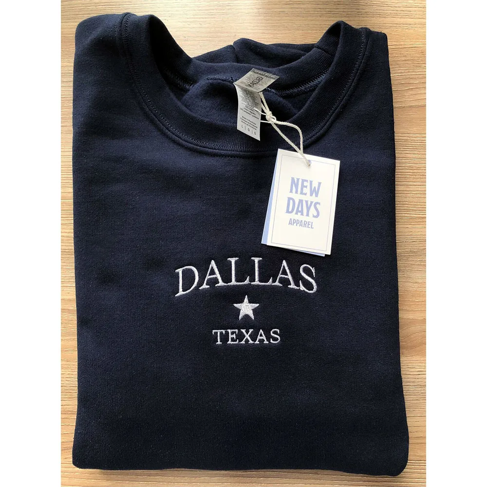 Dallas Texas Letters Embroidered Western Sweatshirts Autumn Loose Cotton Autumn Thick Fleece Warm Pullover Women Retro Jumper