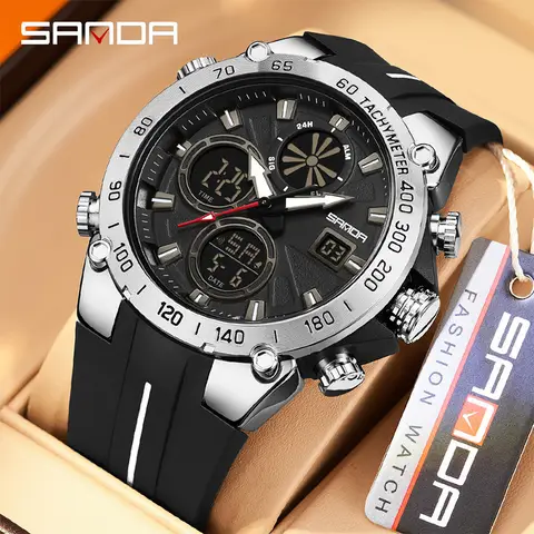 SANDA 6262 Men's Sports Watch Analog Digital Dual Display LED Waterproof Electronic Wristwatch Stopwatch Alarm Quartz