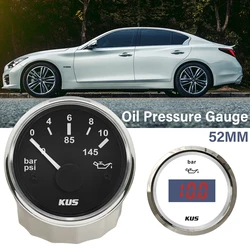 KUS 보트 자동차 오일 압력 게이지, 계량기 0-5bar(0-75PSI) 0-10bar(0-145PSI), 백라이트 12V, 24V 오일 압력 센서 포함, 52mm
