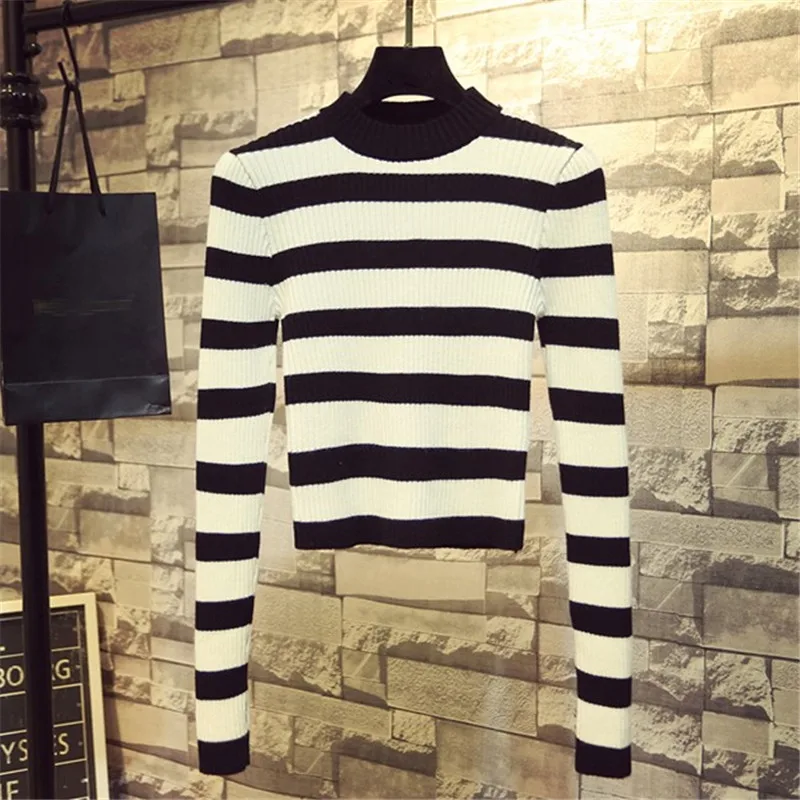 Neploe Autumn New Korean Women Sweater Half Turtleneck Slim Sueter Mujer Long Sleeve Striped Knitted Short Pullovers 68509