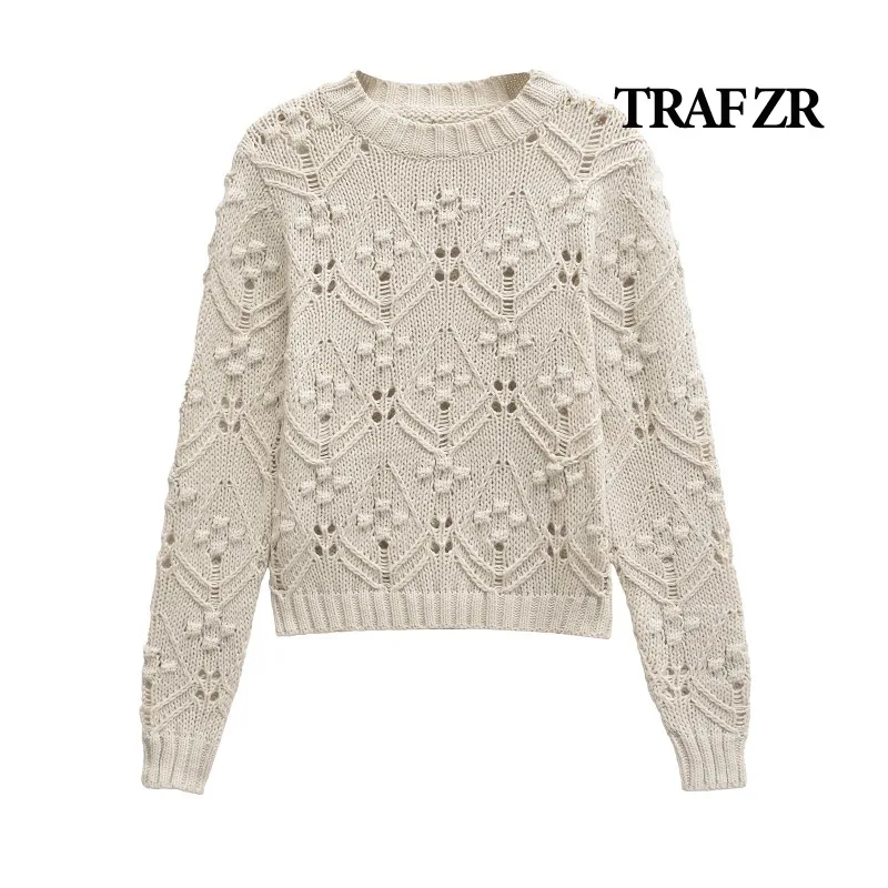 TRAF ZR Cozy Sweaters Women's Autumn Sweater Long Sleeve Pullover Women's Autumn Sweater Beige Hollow Out O-Neck Pullovers