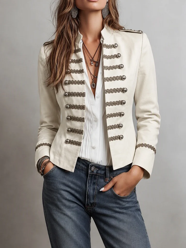 Women Vintage Victorian Military Jacket Cream Stand Collar Long Sleeves Epaulets Gold Embroidery Fitted Short Party Costume Coat