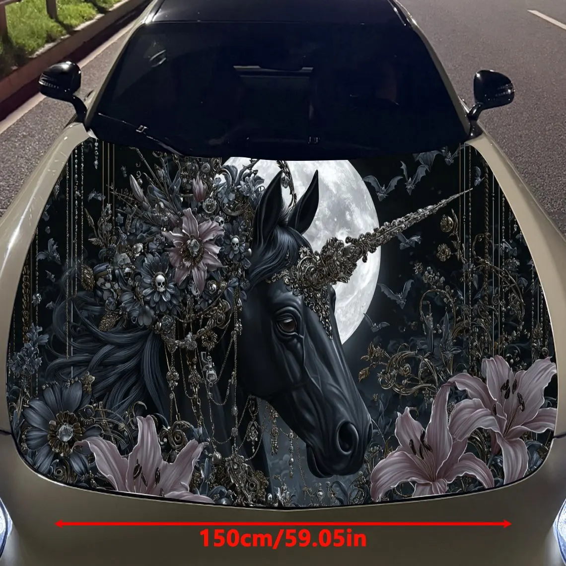 Mysterious Unicorn Legend of Dark Florals and Skulls Car Vinyl Wrap, PVC Material Waterproof Car Hood Sticker, Self-Adhesive Scr