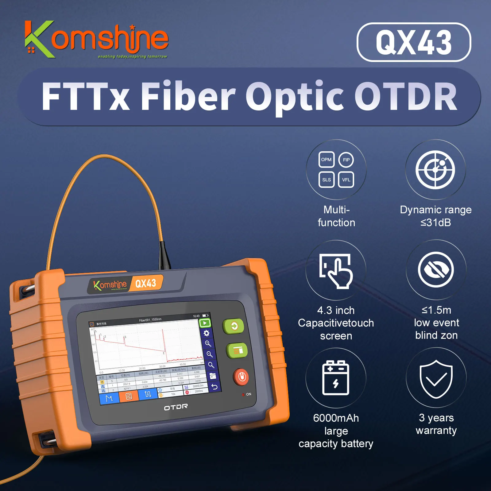 

3 Years Warranty 4.3 Inch Touch Screen SM OTDR 6000mAh Battery Built-in OPM VFL OLS RJ45 Function for Fiber Optic Testing