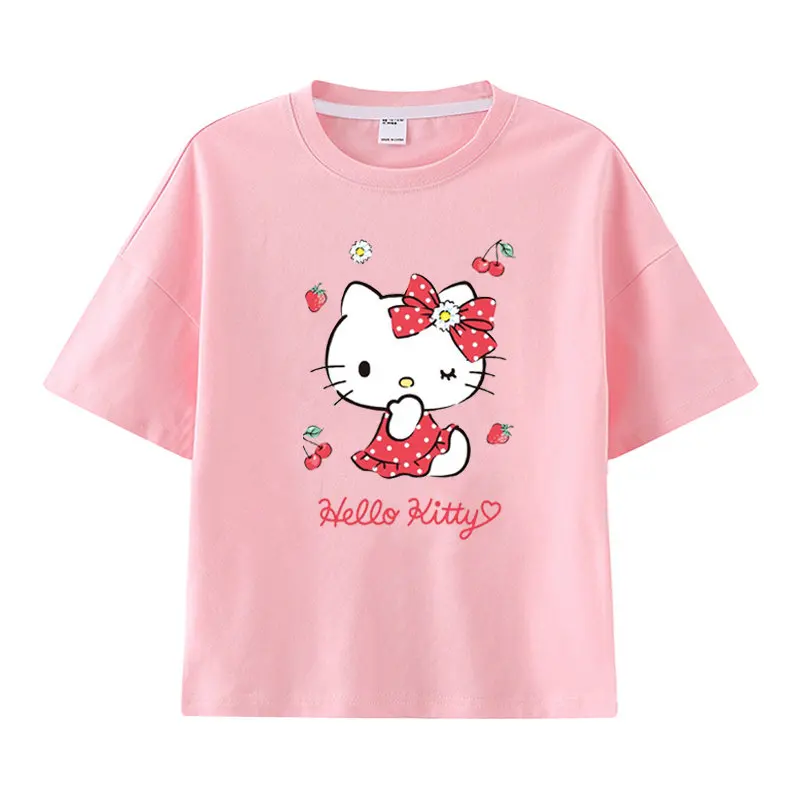 

Новая летняя детская футболка с милым и забавным принтом Hello Kitty, одежда для родителей и детей, из чистого хлопка, с короткими рукавами для мальчиков и девочек