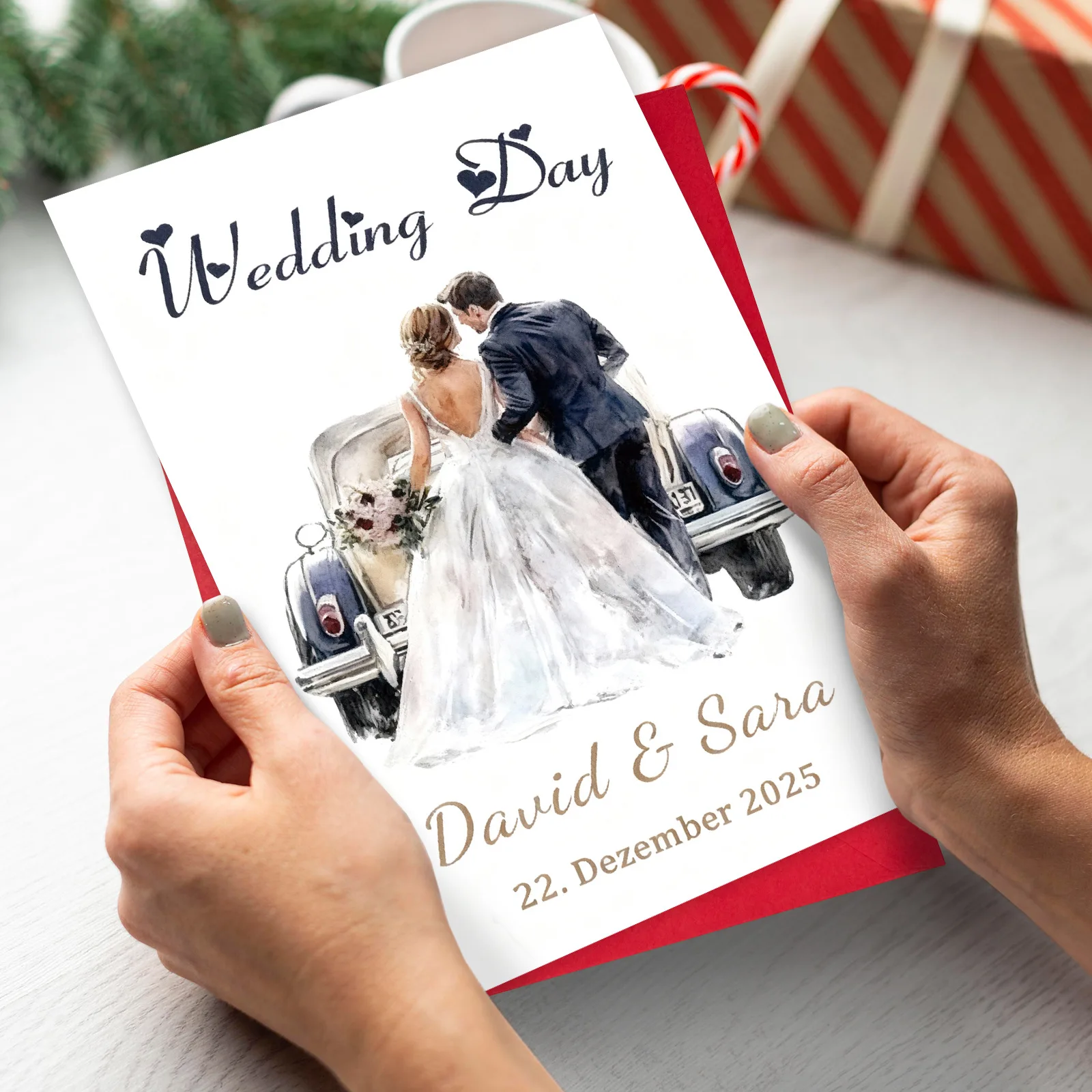 1 wedding greeting card envelope set watercolor wind wedding car illustration can be printed name date blessing card
