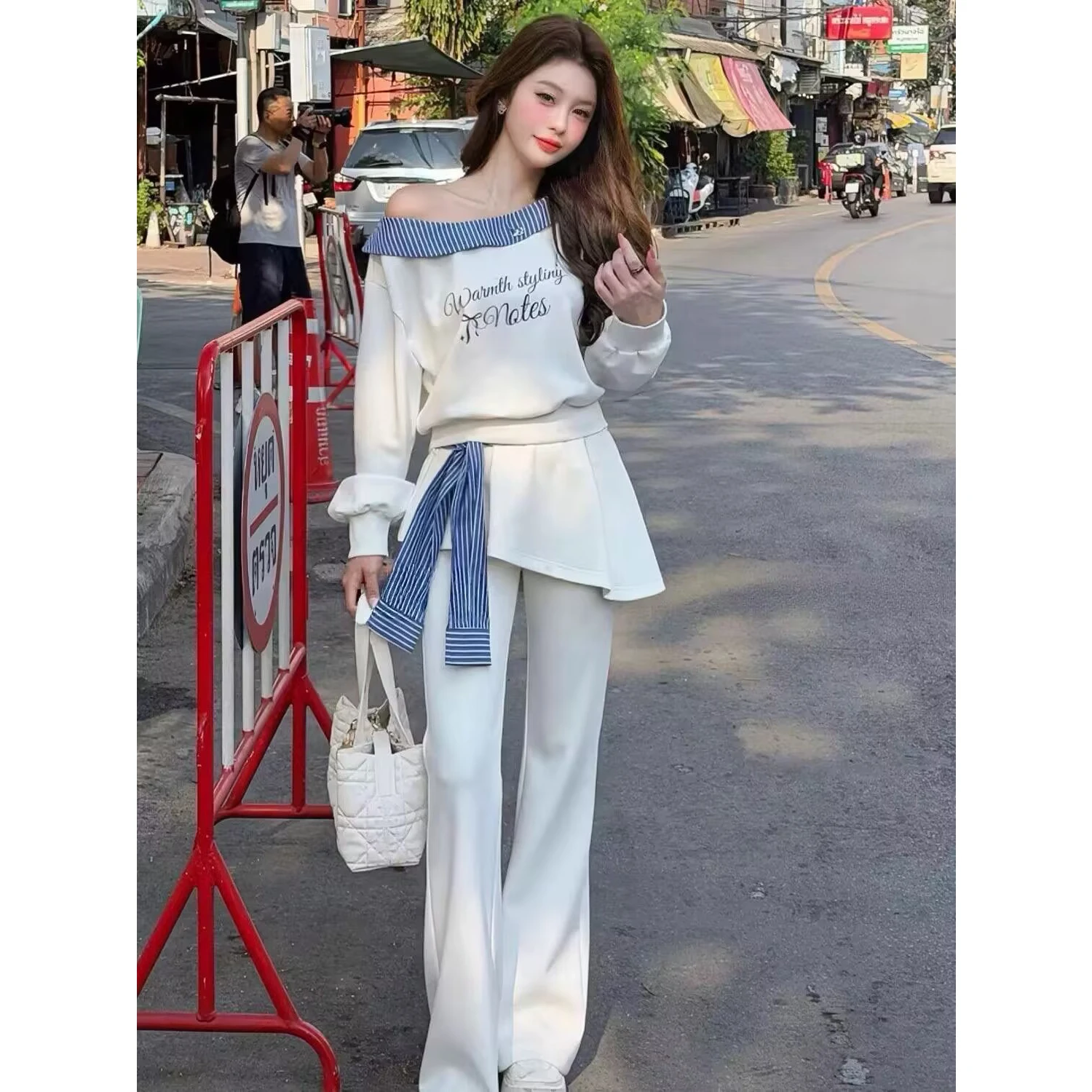 Fashionable Cotton Mamba 280g Women's Set with Collar Shoulder Letter Print Top Wide Leg Pants Two-Piece Casual Sportswear