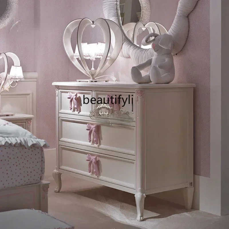 cc182R zqSolid Wood Chest of Drawers Four-Drawer Children's Room Locker Bedside Cabinet Vintage Engraving Storage Cabinet Prince
