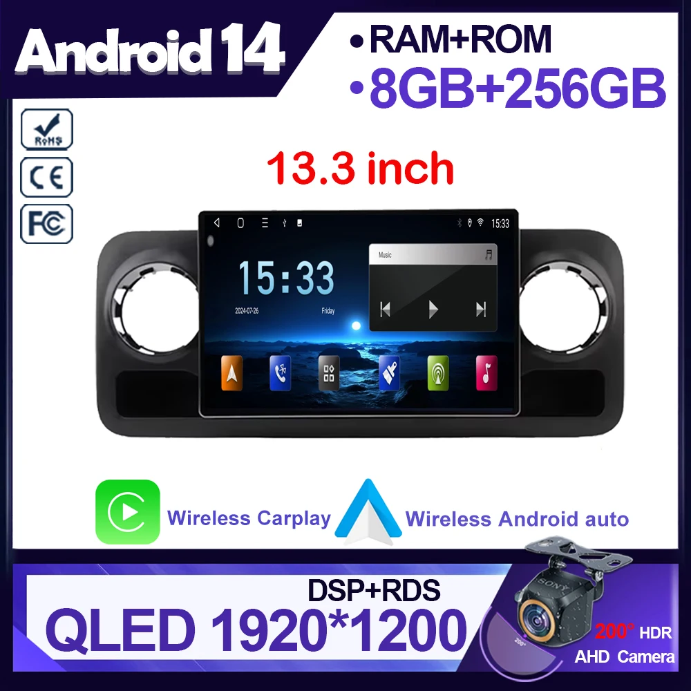 13.3 Inch Carplay Android Car Radio For MERCEDES-BENZ SPRINTER 2018 2019- 2022 Multimedia Center 4G DVD Wifi Bluetooth Display