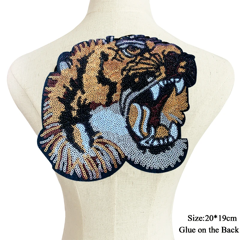 Tiger Sequins Embroidery Patches, Cartoon Animal, Large Embroidery Patches for Clothes, Jacket, Jeans Applique, Iron On Patches