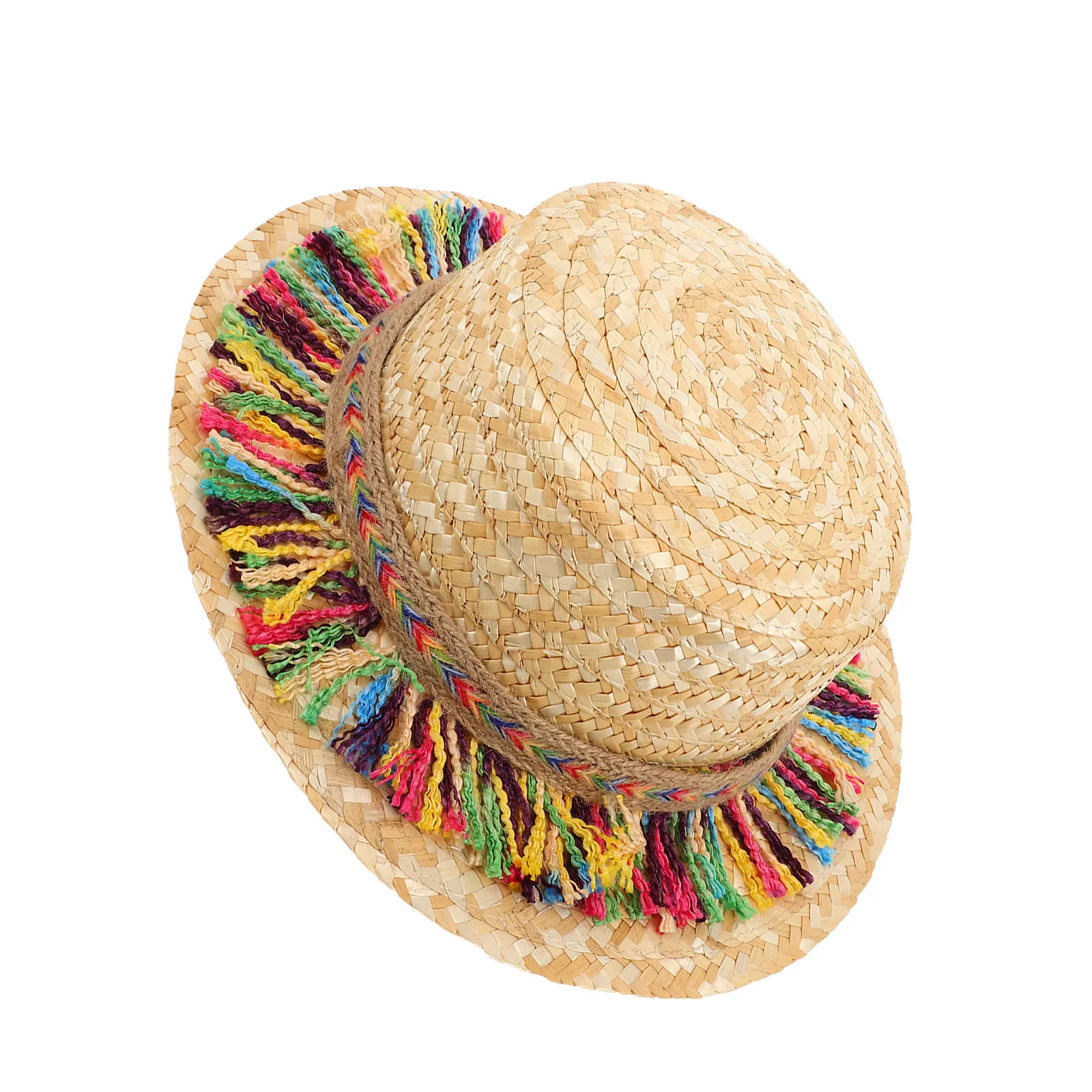 Beach Straw Hat for Summer Holiday Soft Khaki Color Kid Size 52-54Cm Wide Brim Sun Hat Ribbon Colorful Tassel Floppy Cap Seaside