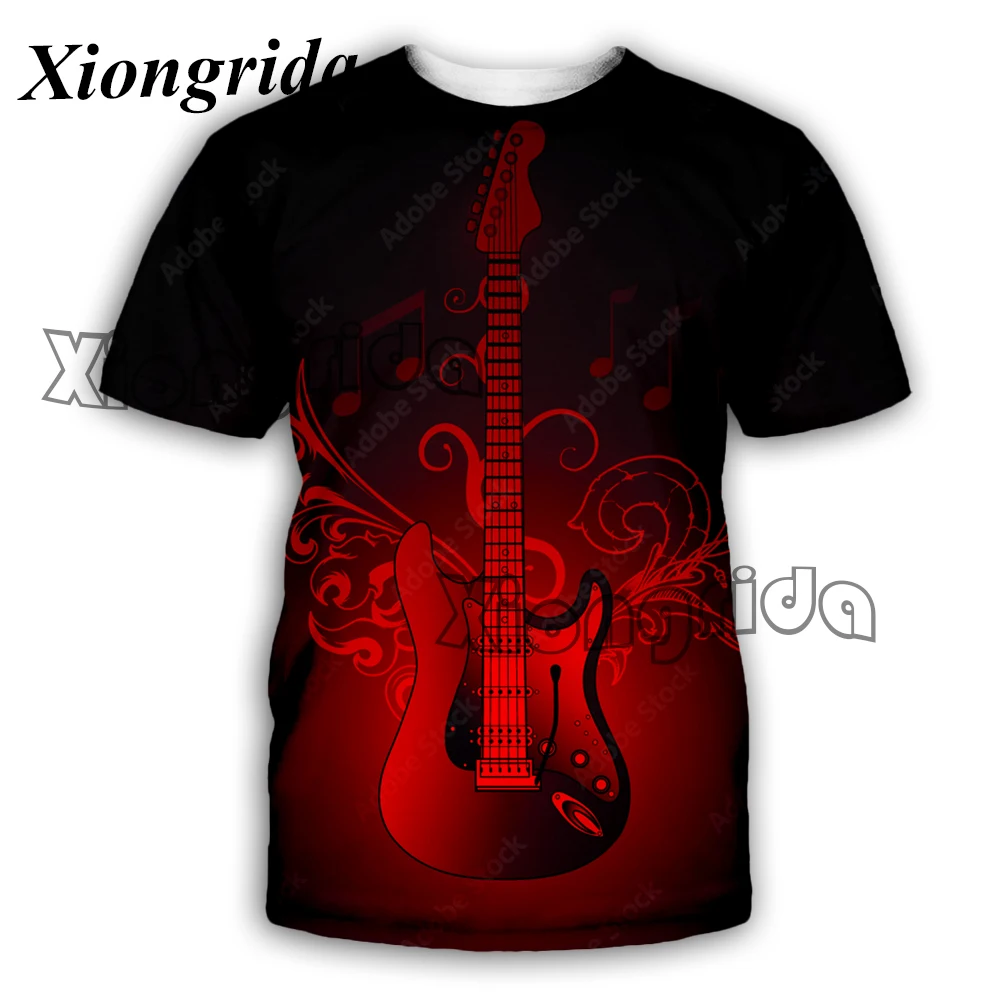 Fashion Mens Guitar T-shirts Guitar and Fire 3D Print Short Sleeve Tee  Musical Instrument Summer Holiday Blouse Hip Hop Tops